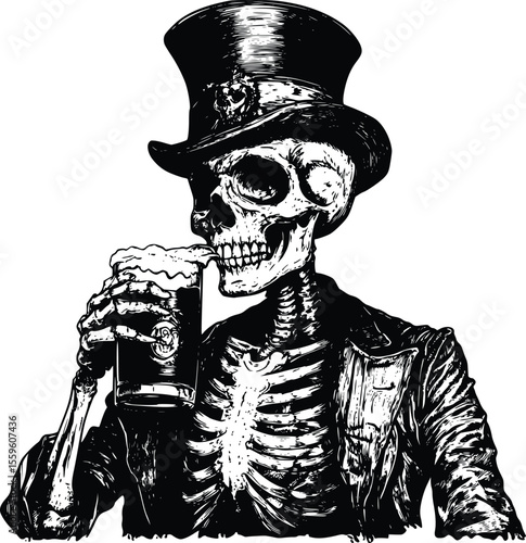 Vector illustration: Skeleton in top hat enjoys dark beer- engraved style
