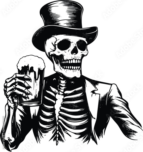 Vector illustration: dapper skeleton in top hat enjoying beer