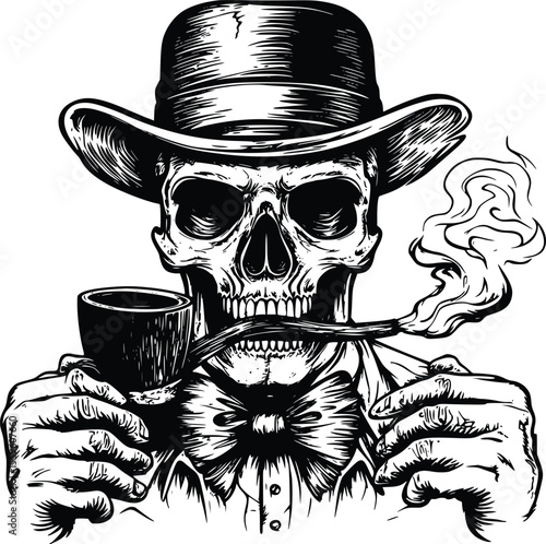 Vector illustration: Dapper skull smoking pipe- engraved style- dark mood