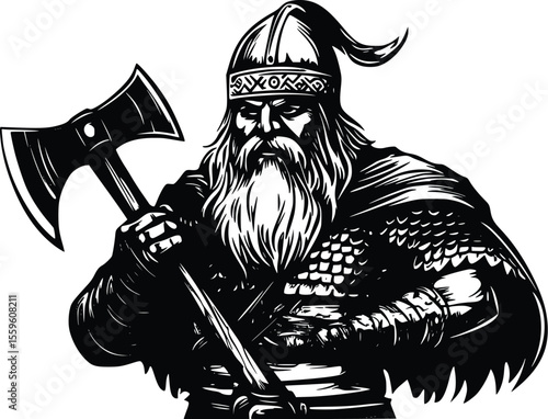 Powerful Viking Warrior Vector:  Intricate Line Art- Grim Expression