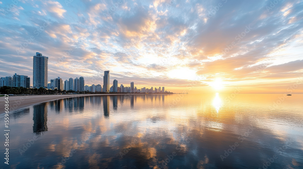 Fototapeta premium Golden skyline reflects across calm water, showcasing serene sunset over city