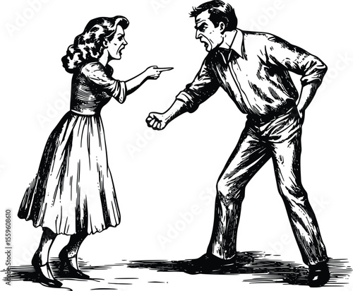 Angry Couple Argument: Vintage Vector Illustration- Hand-Drawn Style