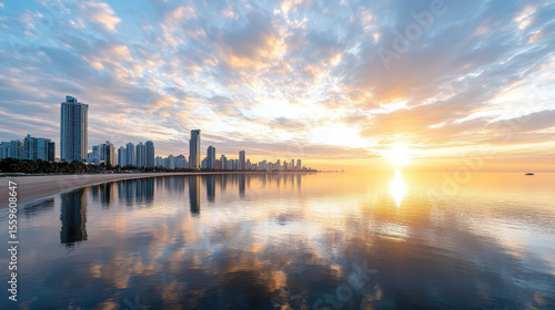 Wallpaper Mural Golden skyline reflects across calm water, showcasing serene sunset over city Torontodigital.ca