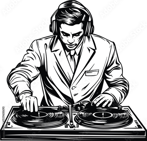 Stylish vector illustration:  Sophisticated DJ mixing records in suit.