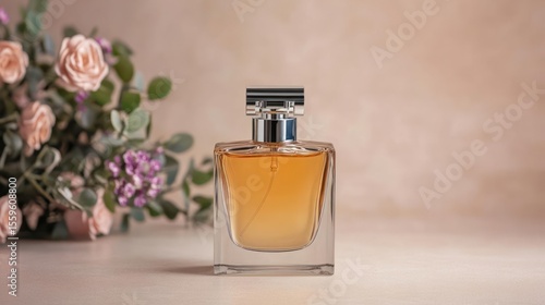 Elegant Perfume Bottle And Floral Arrangement In Soft Focus With Reflective Surface And Neutral Background
