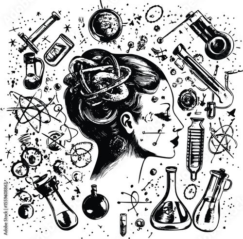Vector illustration: Elegant woman- science- alchemy- ink- grunge style