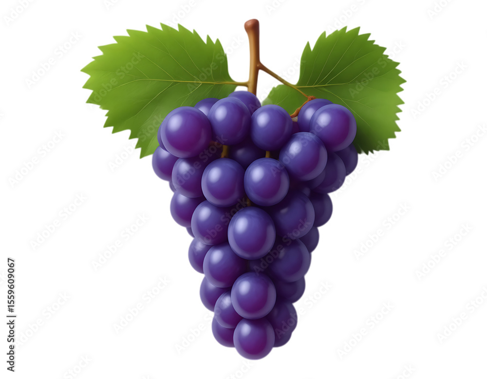 Fototapeta premium Close-up of a Realistic Purple Grape Cluster with Leaves