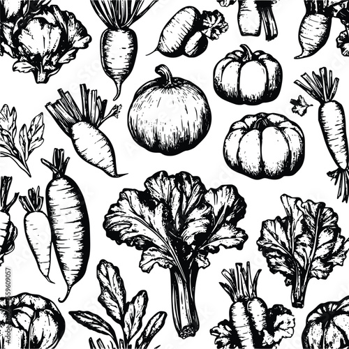 Hand-drawn vector autumn harvest: pumpkins- carrots- and greens illustration