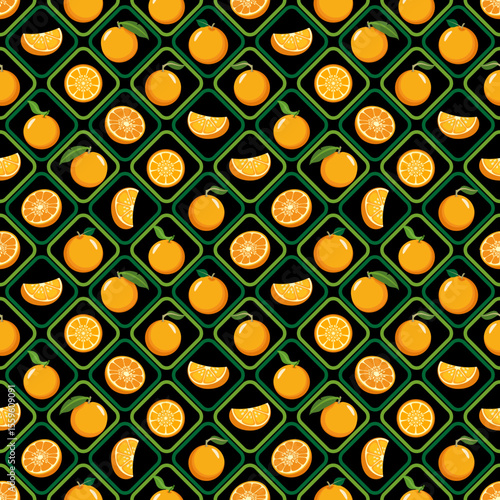 Geometric orange seamless pattern. Vector stylish orange fruits in rhombus grid print. Contemporary orange and leaves repeat pattern.