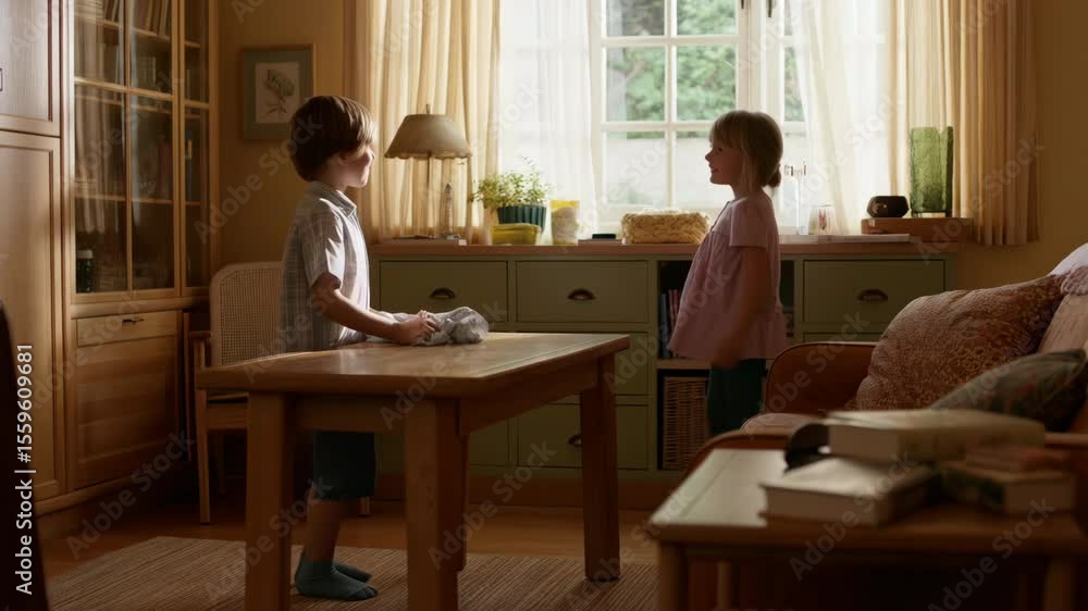 Young siblings cleaning and tidying living room together Young siblings cleaning and tidying living room together