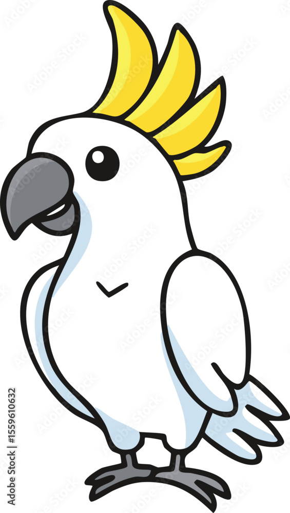 Naklejka premium A charming cartoon illustration of a Sulphur-crested Cockatoo, standing, facing left.