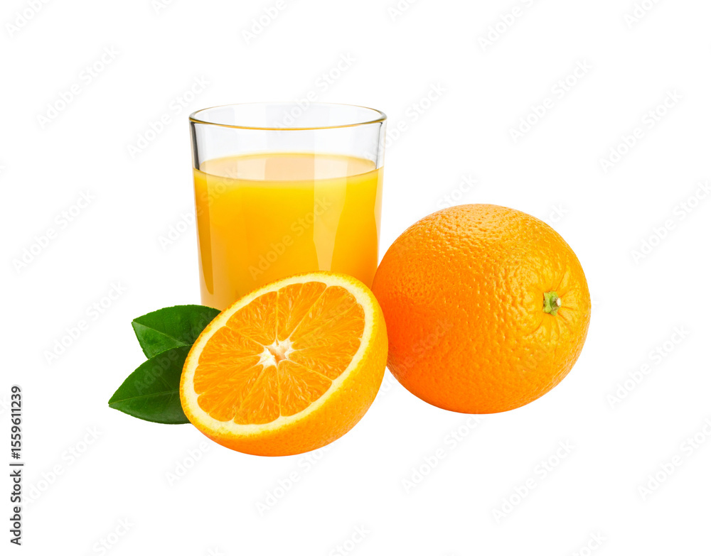 Fresh Orange Juice in Glass with Whole and Half Orange Fruits. Fresh Orange Juice in Glass with Whole and Half Orange Fruits.