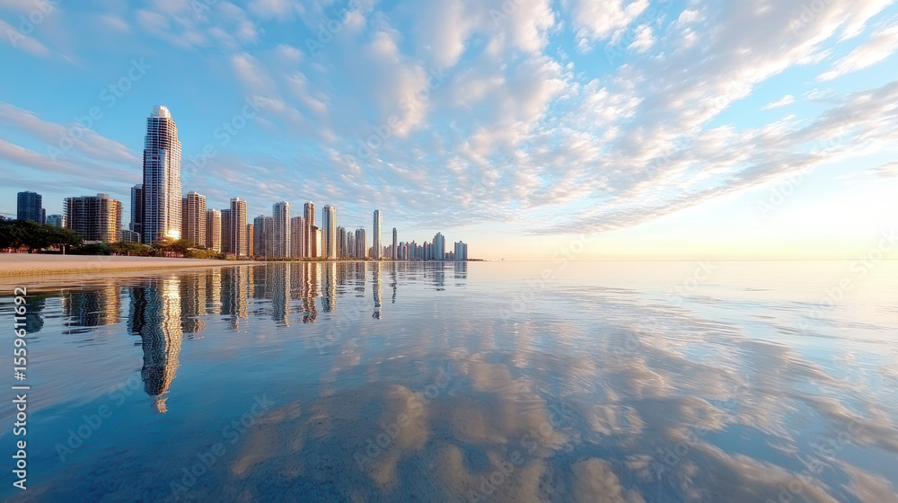 Obraz premium Stunning skyline reflects on calm water, showcasing modern architecture and serene atmosphere