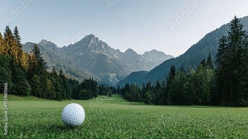 Golf ball on a green fairway with a backdrop of mountains.