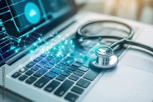 A stethoscope rests on a laptop keyboard. Digital health data visualizations appear on the screen. The scene represents modern healthcare technology and innovation.