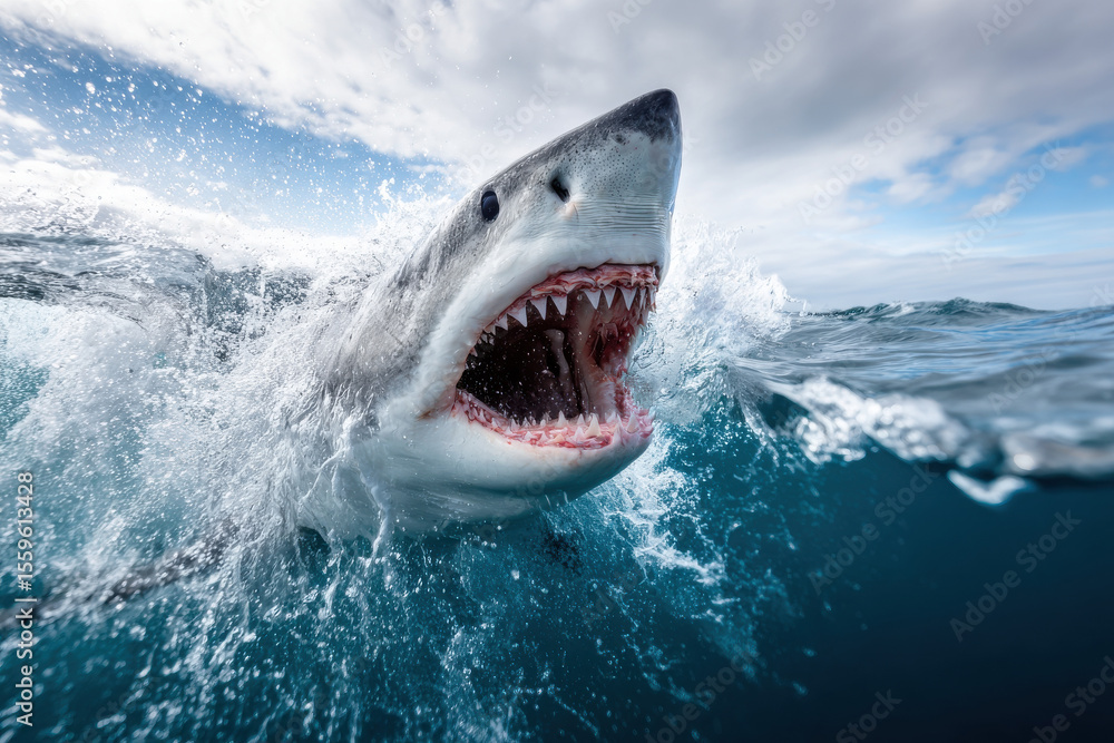 Fototapeta premium Dramatic shark emerging from the ocean surface with open jaws, displaying sharp teeth in a powerful action scene