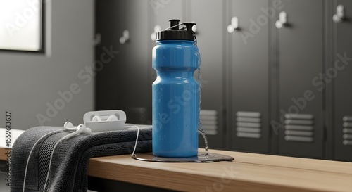 Leaking Blue Water Bottle on Locker Room Bench