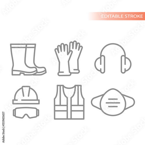 Ppe or personal protective equipment with vest and gloves line icons. Hardhat or helmet, earmuffs, respirator and protection vest workwear icon vector set.