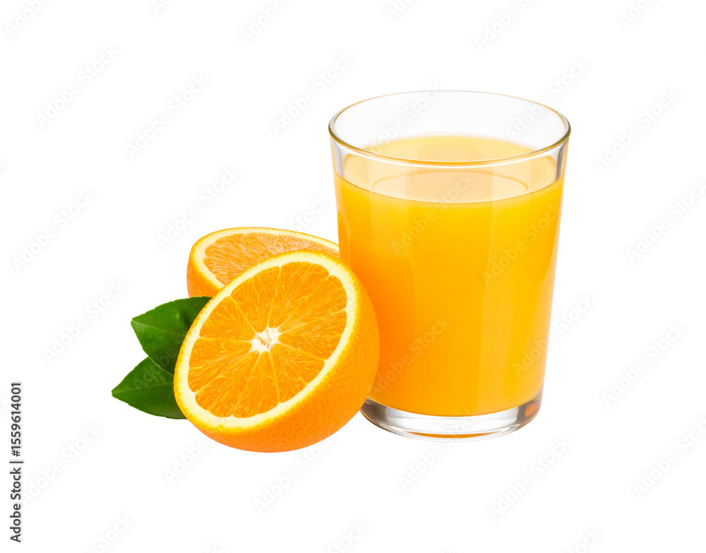 Refreshing Orange Juice in Glass with Sliced Oranges and Leaves. Refreshing Orange Juice in Glass with Sliced Oranges and Leaves.