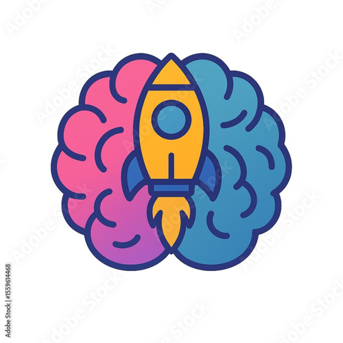 The icon depicts the combination of brain and technology such as network, lamp, coding, internet, engineering, ai, and rocket.