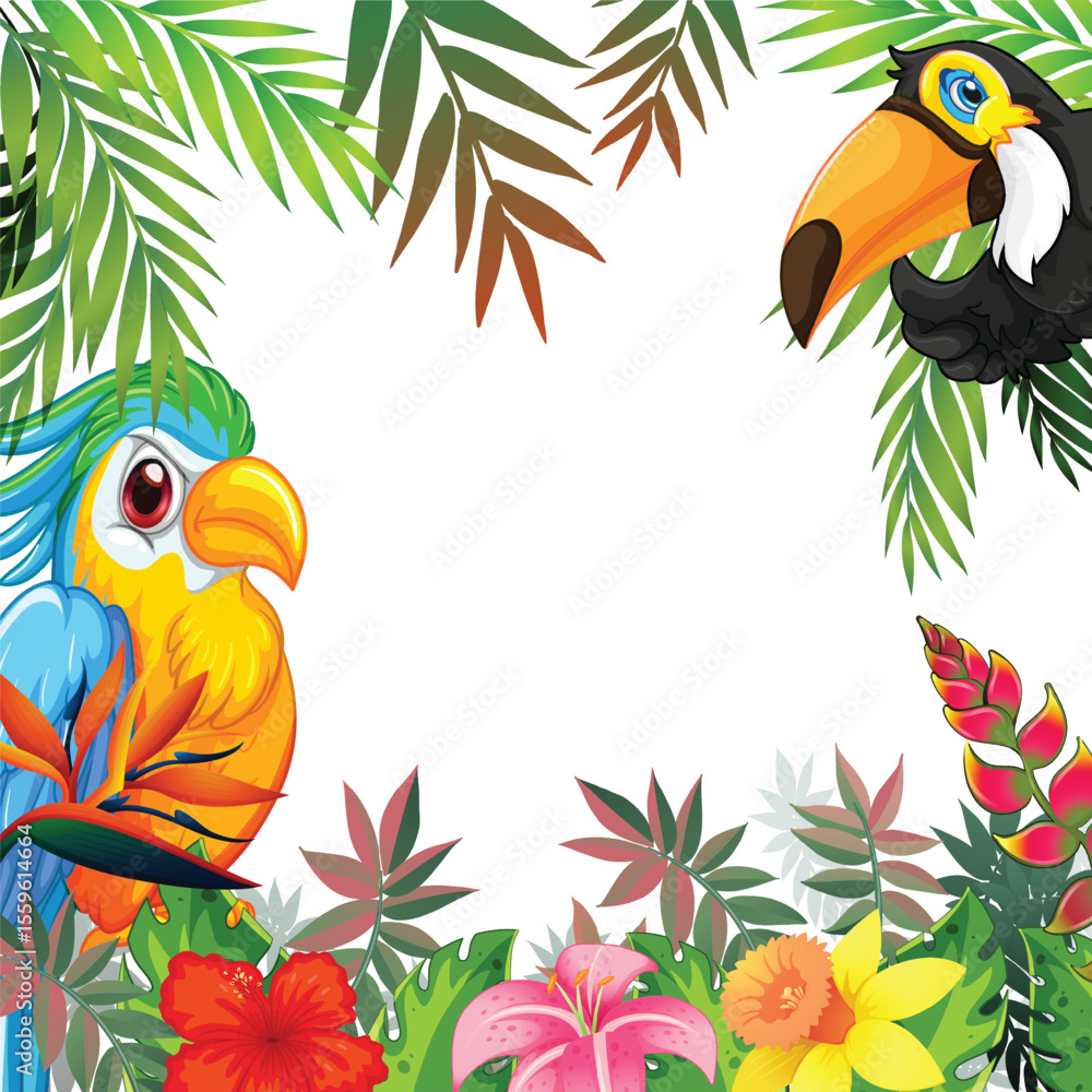 Fototapeta premium Tropical Birds and Exotic Floral Frame