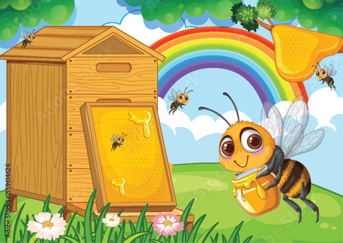 Colorful Bee and Honeycomb Scene
