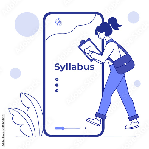 A young woman with a ponytail and a shoulder bag meticulously reviews her syllabus on a digital tablet symbolizing academic planning and organization