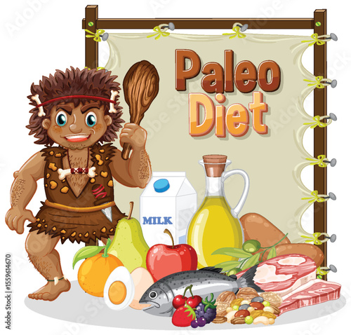 Paleo Diet Caveman with Healthy Food Illustration