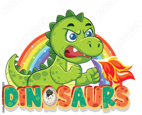 Colorful Dinosaur Breathing Fire with Rainbow Background
