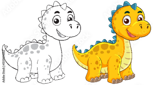 Colorful Cartoon Dinosaur Illustration with Outline Version