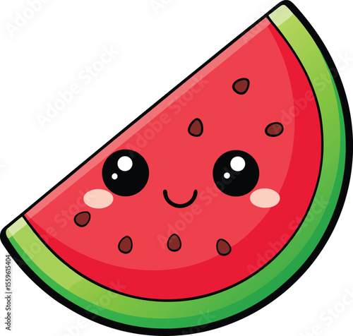 Vector Illustration of a Kawaii Watermelon Slice with Cute Smiling Face and Pink Cheeks