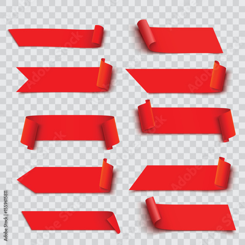 Red Realistic Paper Ribbons and Banners Set with Curled Edges Vector illustration