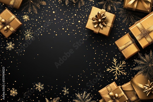 Holiday festive banner with golden snowflakes and gift boxes arranged from top down perspective, vector design