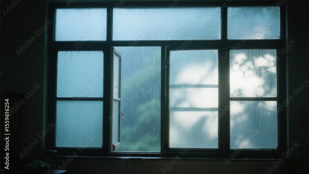 Fototapeta premium Raindrops on a Window Pane with Blurred Outdoor View