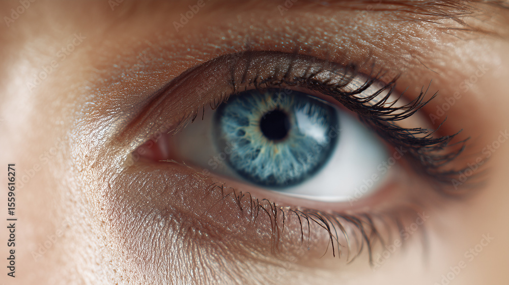 Fototapeta premium Extreme close-up of a blue eye, showing detailed iris texture, natural eyelashes, and vibrant color, perfect for vision, beauty, health, and human concept imagery.