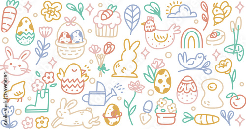 Easter Doodle Vector | Eggs, Bunny, Basket, Cross, Church, Candles, Spring Symbols