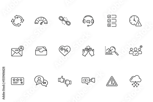 Web icon bundle featuring feedback symbols like thumbs up, stars, rain cloud icons