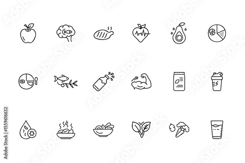 Line art nutrition icons set featuring apple brain steak avocado pie chart fish bottle muscle protein