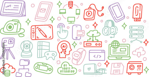 Coding & Development Doodle Vector | HTML, Monitor, Code Tag, UI Design, Tech Icons, Flat