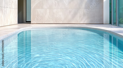 Serene swimming pool reflects light beautifully, surrounded by modern architecture and smooth