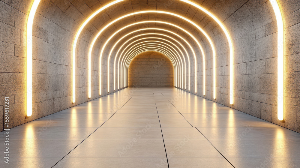 Fototapeta premium Modern urban tunnel with glowing arches creates captivating atmosphere. sleek design