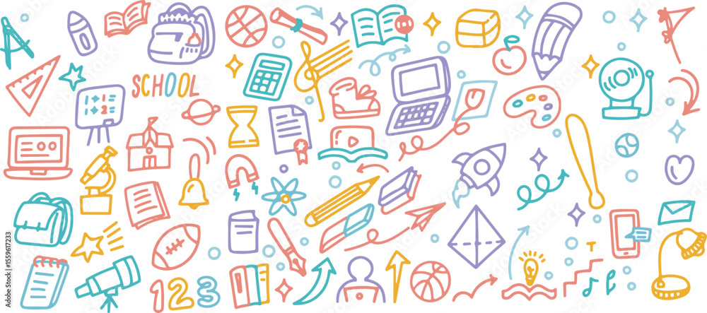 School Education Stationery Vector | Books, Pencils, Computer, Science, Math School Education Stationery Vector | Books, Pencils, Computer, Science, Math