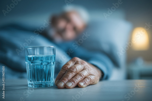 Elderly Person Hand Reaching For Glass Water Bedside Table Night Health Care Concept