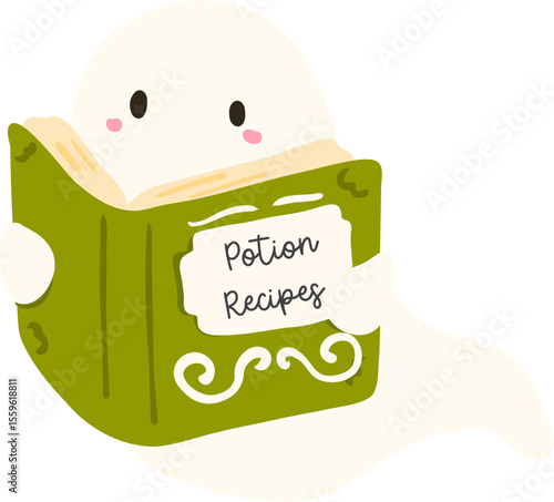Adorable Ghost Reading Potion Recipes Book Illustration

