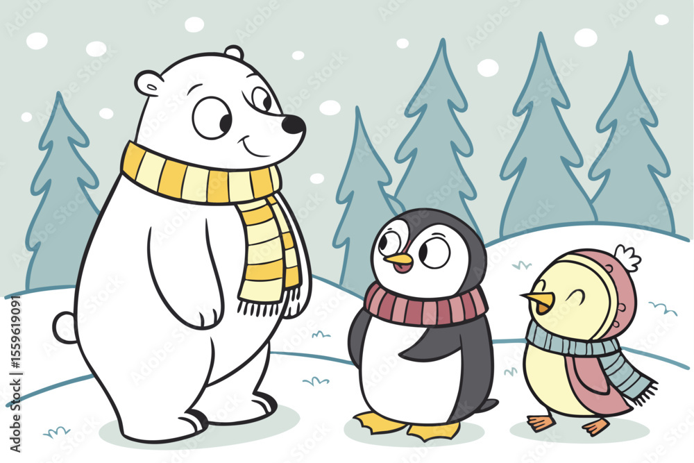 Fototapeta premium Arctic Animals Clipart Set Featuring Polar Wildlife in Clean and Friendly Style. Hand Drawn Arctic Animal Collection Including Polar Bear Penguin Seal and Walrus. Cute and Simple Arctic Animals