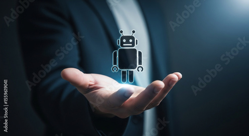 Close-up of hands  virtual AI assistant, chatbot, and code interface, representing artificial intelligence, automation, and smart digital 