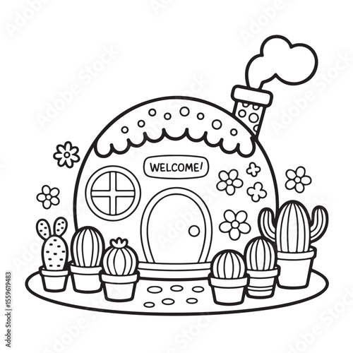 Cute Cottage House with Cactus Coloring Pages,  Cute Cottage House with Cactus – Printable Coloring Page for Kids & Adults, Printable house illustration,  Cute home with plants, easy bold line, 