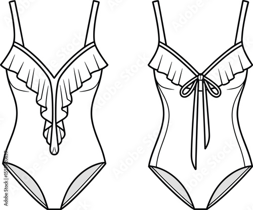 Ruffle detailed one-piece swimsuit flat sketch, front and back view, fashion vector template for swimwear design, lingerie or beachwear illustration

 flat vector illustration