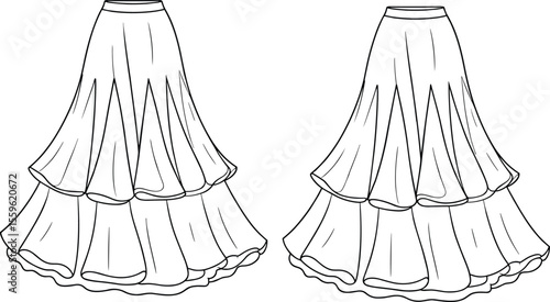  Layered ruffle maxi skirt flat sketch, front and back view, fashion technical drawing for women’s apparel design, vector template illustration

flat vector illustration