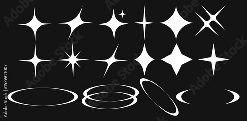 Set of stylized starbursts, sparkles, and ring elements for decoration